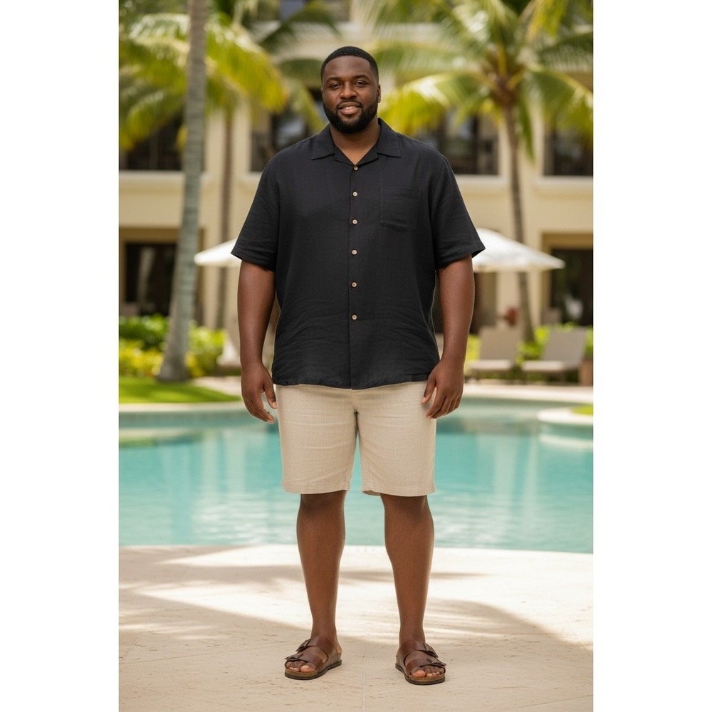 Caribbean 100% silk Camp Shirt Men's XL black S/S‎  Button-Up travel Hawaiian